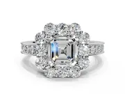 Halo Engagement Ring Setting for Asscher Cut Center with Milgrain Channel Band and Prong Head in Platinum