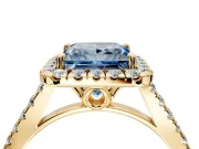 Halo Engagement Ring Setting for Fancy Blue Princess Cut Center with Raised Halo, Pave Band and Prong Head in Yellow Gold