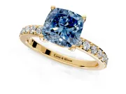 Solitaire Engagement Ring Setting for Fancy Blue Cushion Cut Center with Round Cut Pave Band and Prong Head in Yellow Gold