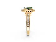 Halo Engagement Ring Setting for Fancy Green Oval Center with Outer Bezel Rim, Pave Band and Prong Head in Yellow Gold