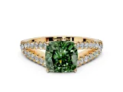 Solitaire Engagement Ring Setting for Fancy Green Cushion Cut Center with Pave Split Shank and Prong Head in Yellow Gold