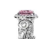 Milgrain Halo Engagement Ring Setting for Fancy Pink Radiant Cut Center with Shoulder Bezels and Prong Head in Platinum