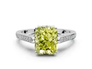 Cathedral Engagement Ring Setting for Fancy Yellow Radiant Cut Center with Antique-Style Pave Band and Prong Head in Platinum