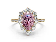 Halo Engagement Ring Setting for Fancy Pink Pear-Shaped Center with Single-Row Pave, Open Basket and Prong Head in Yellow Gold