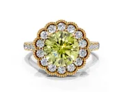 Milgrain Floral Halo Engagement Ring Setting for Fancy Yellow Round Cut Center with Pave Band and Prong Head in Yellow Gold