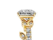 Leaf Motif Engagement Ring Setting for Radiant Cut Center with Pave Band and Prong Head in Yellow Gold