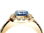 Pave Halo Engagement Ring Setting for Fancy Blue Radiant Cut Center with Single Row Pave Band and Prong Head in Yellow Gold