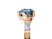 3 Stone Engagement Ring Setting for Fancy Blue Heart-Shaped Center with Tapered Baguettes, Plain Band and Prong Head in Rose Gold