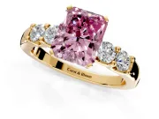 5 Stone Engagement Ring Setting for Fancy Pink Radiant Cut Center with Plain Band and Prong Head in Yellow Gold