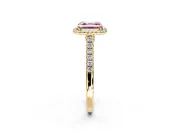 Halo Engagement Ring Setting for Fancy Pink Asscher Cut Center with Narrowing Pave Band and Prong Head in Yellow Gold