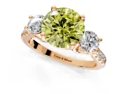 3 Stone Engagement Ring Setting for Fancy Yellow Round Cut Center with Crossover Basket, Pave Band and Prong Head in Rose Gold