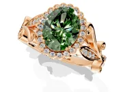 Halo Engagement Ring Setting for Fancy Green Oval Center with Leaf Motif Split Shank and Prong Head in Rose Gold