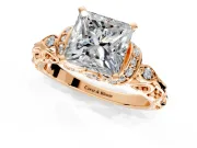 Solitaire Engagement Ring Setting for Princess Cut Center with Filigree Band and Prong Head in Rose Gold