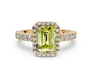Halo Engagement Ring Setting for Fancy Yellow Emerald Cut Center with Full Pave Band and Prong Head in Yellow Gold