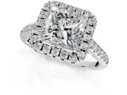 Halo Engagement Ring Setting for Princess Cut Center with Raised Halo, Pave Band and Prong Head in White Gold
