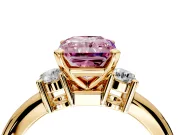 3 Stone Engagement Ring Setting for Fancy Pink Radiant Cut Center with Wide Plain Band and Prong Head in Yellow Gold