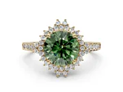 Sunburst Halo Engagement Ring Setting for Fancy Green Round Cut Center with Pave Band and Prong Head in Yellow Gold
