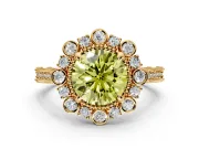 Milgrain Halo Engagement Ring Setting for Fancy Yellow Round Cut Center with Bezel Point Accents and Prong Head in Yellow Gold