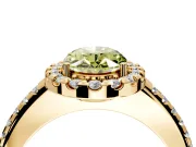 Pave Halo Engagement Ring Setting for Fancy Yellow Oval Center with Single Row Pave Band and Prong Head in Yellow Gold