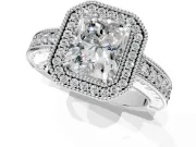 Milgrain Halo Engagement Ring Setting for Radiant Cut Center with Pave Band and Prong Head in Sterling Silver