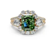 Halo Engagement Ring Setting for Fancy Green Radiant Cut Center with Two-Strand Split Shank and Prong Head in Yellow Gold