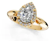 Halo Engagement Ring Setting for Pear-Shaped Center with Tapered Plain Band and Prong Head in Yellow Gold