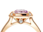 Halo Engagement Ring Setting for Fancy Pink Radiant Cut Center with Milgrain Pave Band and Bezel Head in Rose Gold
