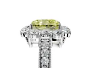Halo Engagement Ring Setting for Fancy Yellow Radiant Cut Center with Milgrain Channel Band and Prong Head in White Gold