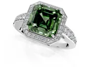 Bezel-Framed Halo Engagement Ring Setting for Fancy Green Asscher Cut Center with Pave Band and Prong Head in White Gold
