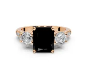 3 Stone Engagement Ring Setting for Fancy Black Radiant Cut Center with Crossover Basket, Pave Band and Prong Head in Rose Gold