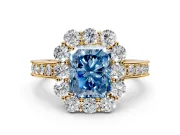 Halo Engagement Ring Setting for Fancy Blue Radiant Cut Center with Milgrain Channel Band and Prong Head in Yellow Gold