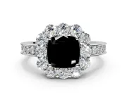 Halo Engagement Ring Setting for Fancy Black Cushion Cut Center with Milgrain Channel Band and Prong Head in Sterling Silver
