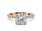 Solitaire Engagement Ring Setting for Cushion Cut Center with Pave Band and Claw Prong Head in Rose Gold