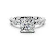 Solitaire Engagement Ring Setting for Princess Cut Center with Beaded Bezel Station Band and Prong Head in Platinum