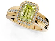 Halo Engagement Ring Setting for Fancy Yellow Emerald Cut Center with Wide Band, Inlaid Accent Row and Prong Head in Yellow Gold