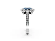 Halo Engagement Ring Setting for Fancy Blue Emerald Cut Center with Milgrain Channel Band and Prong Head in Sterling Silver