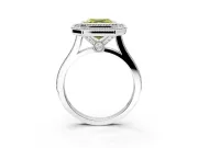 Halo Engagement Ring Setting for Fancy Yellow Asscher Cut Center with Milgrain Frame, Pave Band and Prong Head in Platinum