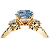 3 Stone Engagement Ring Setting for Fancy Blue Cushion Cut Center with Round Cut Side Accents and Prong Head in Yellow Gold