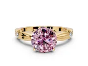 Solitaire Engagement Ring Setting for Fancy Pink Round Cut Center with Carved Leaf Shoulders and Prong Head in Yellow Gold