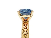 Solitaire Engagement Ring Setting for Fancy Blue Cushion Cut Center with Scrollwork Band and Prong Head in Yellow Gold