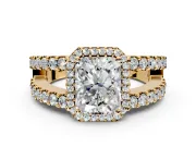 Halo Engagement Ring Setting for Radiant Cut Center with Wide-Open Pave Split Shank and Prong Head in Yellow Gold