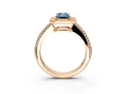 Milgrain Halo Engagement Ring Setting for Fancy Blue Emerald Cut Center with Three-Sided Pave Band and Prong Head in Rose Gold