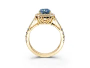 Double Halo Engagement Ring Setting for Fancy Blue Radiant Cut Center with Narrow Pave Split Shank and Prong Head in Yellow Gold