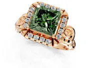 Halo Engagement Ring Setting for Fancy Green Princess Cut Center with Open Scroll Shoulders and Prong Head in Rose Gold