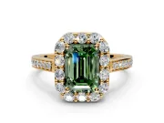 Floral Halo Engagement Ring Setting for Fancy Green Emerald Cut Center with Large Halo Accents and Prong Head in Yellow Gold