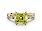 Solitaire Engagement Ring Setting for Fancy Yellow Asscher Cut Center with Milgrain-Framed Pave Band and Prong Head in Yellow Gold