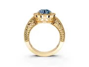 Milgrain Halo Engagement Ring Setting for Fancy Blue Round Cut Center with Pave Band and Prong Head in Yellow Gold