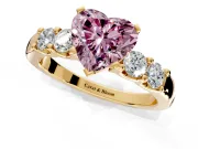 5 Stone Engagement Ring Setting for Fancy Pink Heart-Shaped Center with Plain Band and Prong Head in Yellow Gold