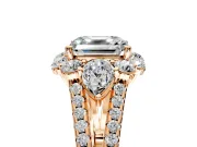 Halo Engagement Ring Setting for Asscher Cut Center with Two-Strand Split Shank and Prong Head in Rose Gold
