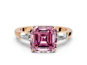 3 Stone Engagement Ring Setting for Fancy Pink Asscher Cut Center with Baguette Accents and Prong Head in Rose Gold